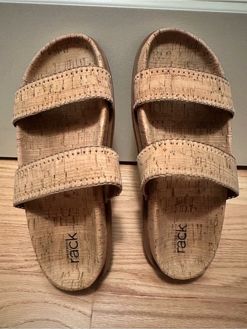 Rack Double-Strap Cork-Textured Slide Sandals in Tan